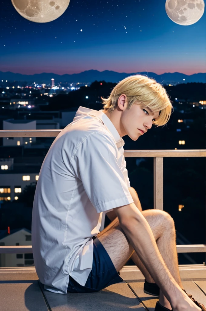 A blonde anime boy sitting lengthwise watching the moon