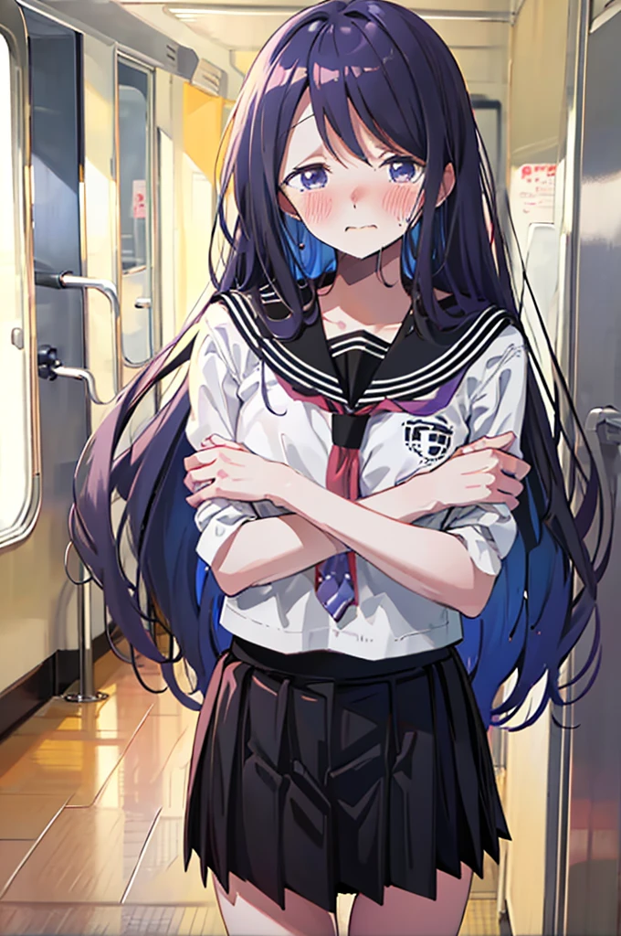 手でHide、hand bra、Hide、Black Skirt、Blushing、school uniform、Embarrassed expression、日本の、Black Skirt、Not wearing a bra、Light purple hair、Semi-long hair、Pale purple eyes、、Blushing、lipstick、Perfect hands、Detailed hands、on the train、、hand bra、toilet