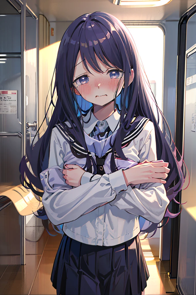 手でHide、hand bra、Hide、Black Skirt、Blushing、school uniform、Embarrassed expression、日本の、Black Skirt、Not wearing a bra、Light purple hair、Semi-long hair、Pale purple eyes、、Blushing、lipstick、Perfect hands、Detailed hands、on the train、、hand bra、toilet