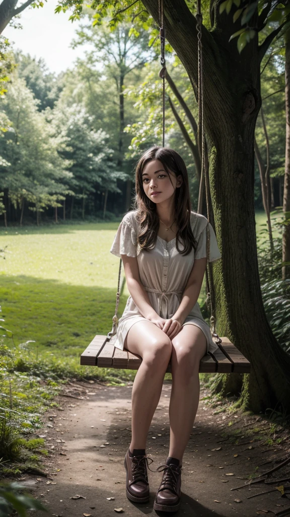 A young woman sitting on a swing in the forest enjoying the city