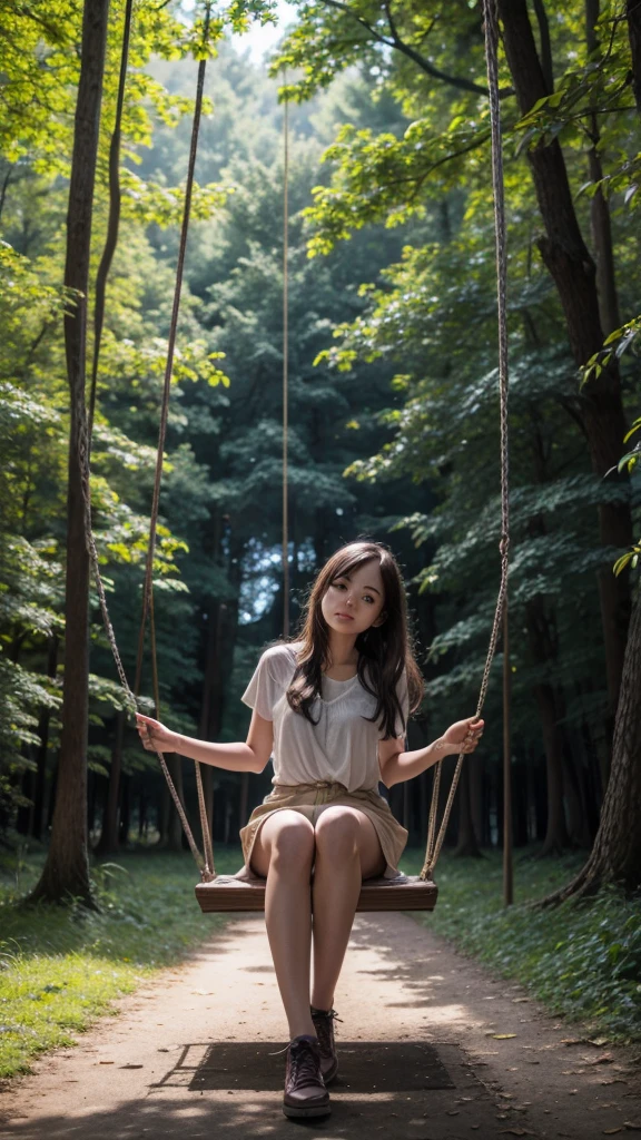 A young woman sitting on a swing in the forest enjoying the city