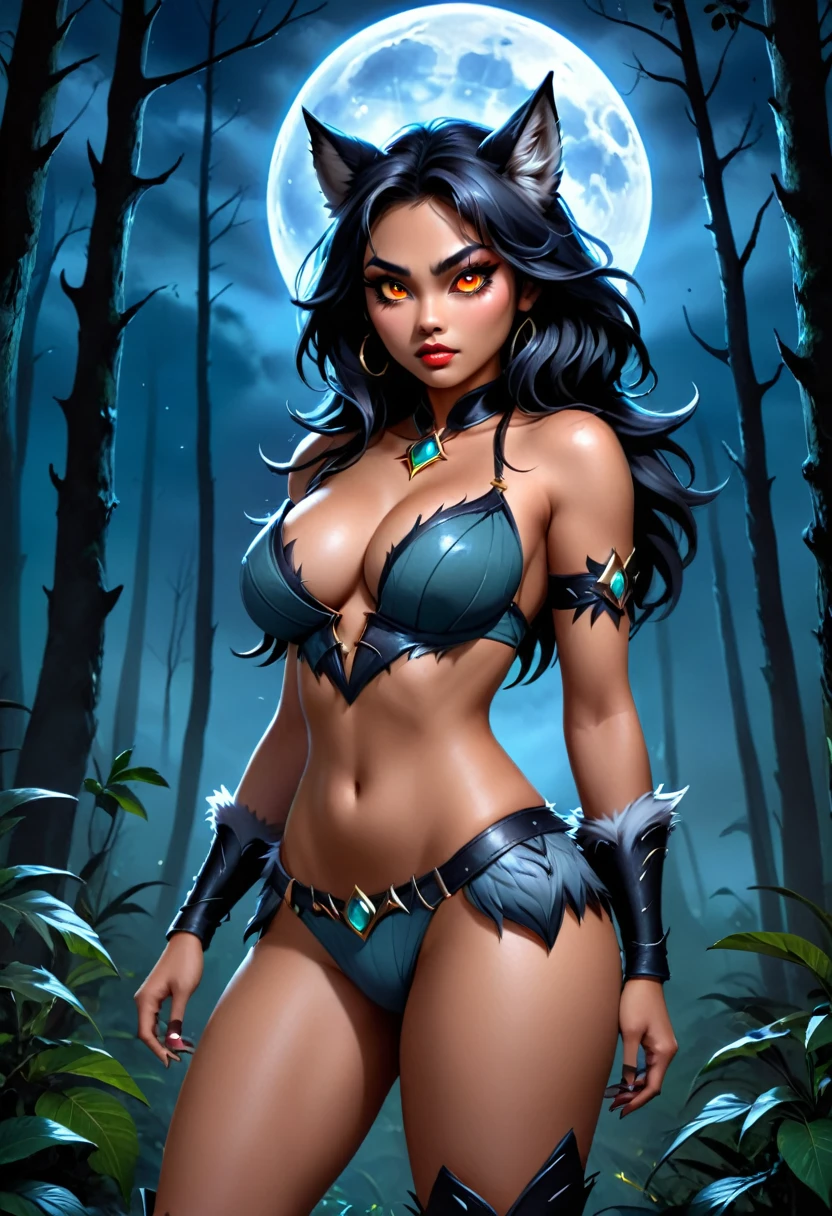 A beautiful busty Asian werewolf woman in a g string bikini and high heel boots, standing in a dark forest at night with a full moon and dark clouds, (best quality,4k,8k,highres,masterpiece:1.2),ultra-detailed,(realistic,photorealistic,photo-realistic:1.37),extremely detailed eyes and face,longeyelashes,beautiful detailed lips,beautiful detailed eyes,dark fantasy,dramatic lighting,moody atmosphere,glowing eyes,sharp claws,detailed fur texture,glowing moon,dramatic sky,dense foliage,fog,wet ground,vibrant colors