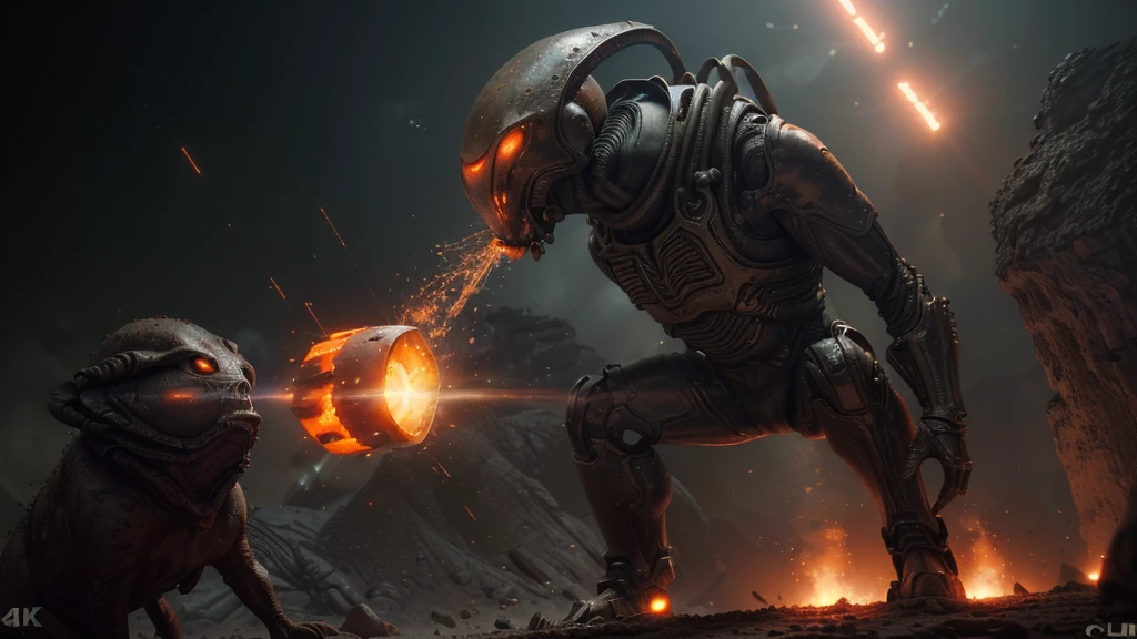 (((EATING A MOLE OF COMBAT))), ((CARVED STEEL, IMPOSSIBLE), (FORCED PERSPECTIVE VIEW FROM BELOW OF STRAIGHT-LINE BIOMECHANICS OF ALIEN WAR biomechanics of disgusting alien biology) biomechanical alien, unknown, extraterrestrial biology on unknown planet, HEAVY atmosphere with dust particles suspended in the air red - orange WITH SULFUR, (((cinematic lighting, VERY HIGH 4K RESOLUTION)))
