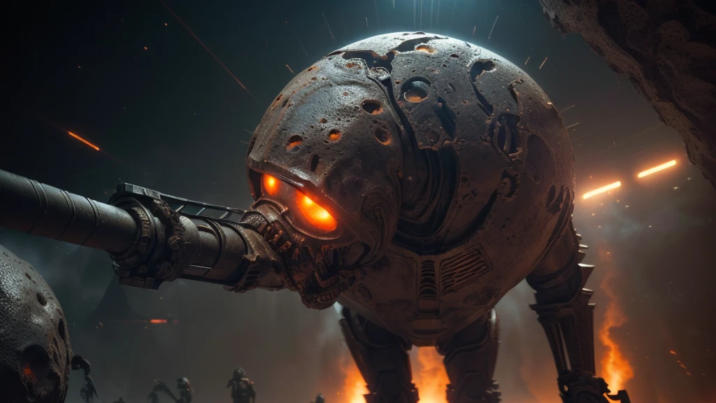 (((EATING A MOLE OF COMBAT))), ((CARVED STEEL, IMPOSSIBLE), (FORCED PERSPECTIVE VIEW FROM BELOW OF STRAIGHT-LINE BIOMECHANICS OF ALIEN WAR biomechanics of disgusting alien biology) biomechanical alien, unknown, extraterrestrial biology on unknown planet, HEAVY atmosphere with dust particles suspended in the air red - orange WITH SULFUR, (((cinematic lighting, VERY HIGH 4K RESOLUTION)))
