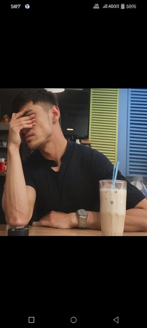 Change his tshirt into blue, and it's a milk tea on the table