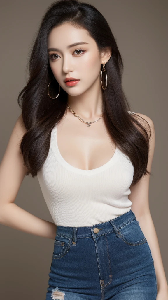 masterpiece, Best image quality,（Looks real， high resolution：1.3）， 1 girl with a perfect figure， The face shape and eyes are super beautiful，Long hair，Black skirt ：1.2， Short jeans， Perfect breasts, necklace, earrings, Textured Skin, Genuine Leather