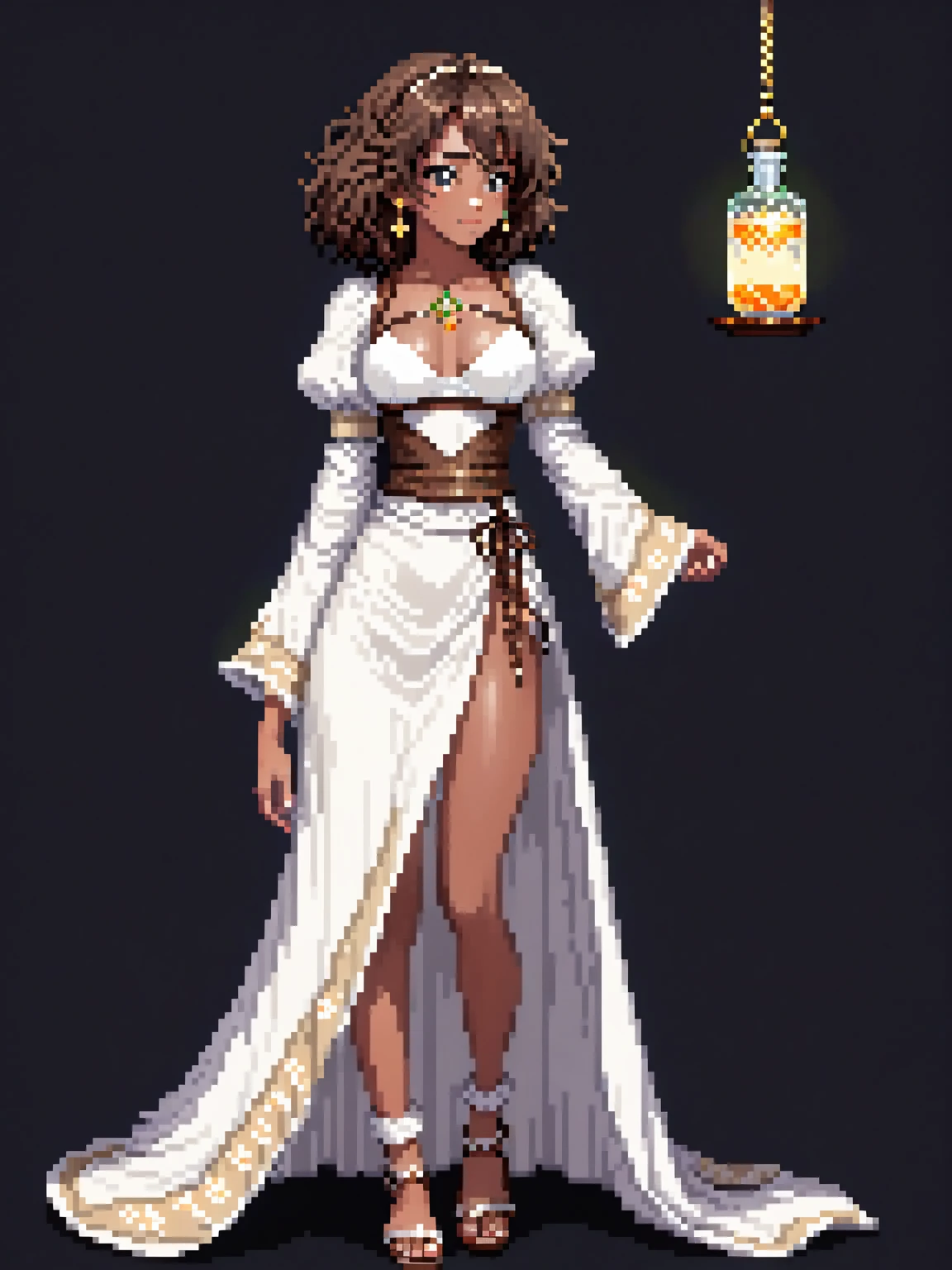 (Pixel art: 1.2), ung woman, 23 years old, dark skin, with medium dark brown curly hair held back by a cloth, wearing a medieval white robe with floral details, a light brown leather corset belt, a sheath for potions, gold earrings, a stone necklace, bandages on her left hand, robe covering her entire body, brown sandals, side view, visible lips and nose, Black background, strong physique, neutral expression.