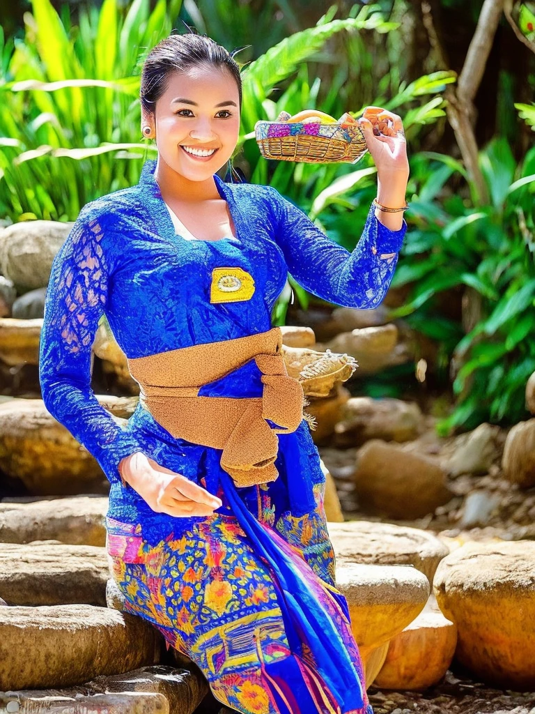 medium shot. Asian woman with a cheerful face, hair tied in a typical Javanese bun, wearing a blue Javanese kebaya with batik pattern, in a fast-flowing rocky river, while carrying a brown wooden basket full of fruit, a background of rocks, bamboo trees, bushes