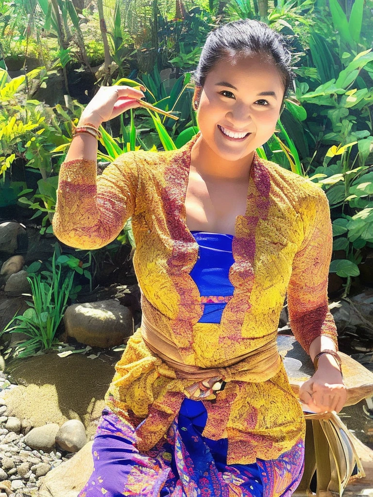 medium shot. Asian woman with a cheerful face, hair tied in a typical Javanese bun, wearing a blue Javanese kebaya with batik pattern, in a fast-flowing rocky river, while carrying a brown wooden basket full of fruit, a background of rocks, bamboo trees, bushes