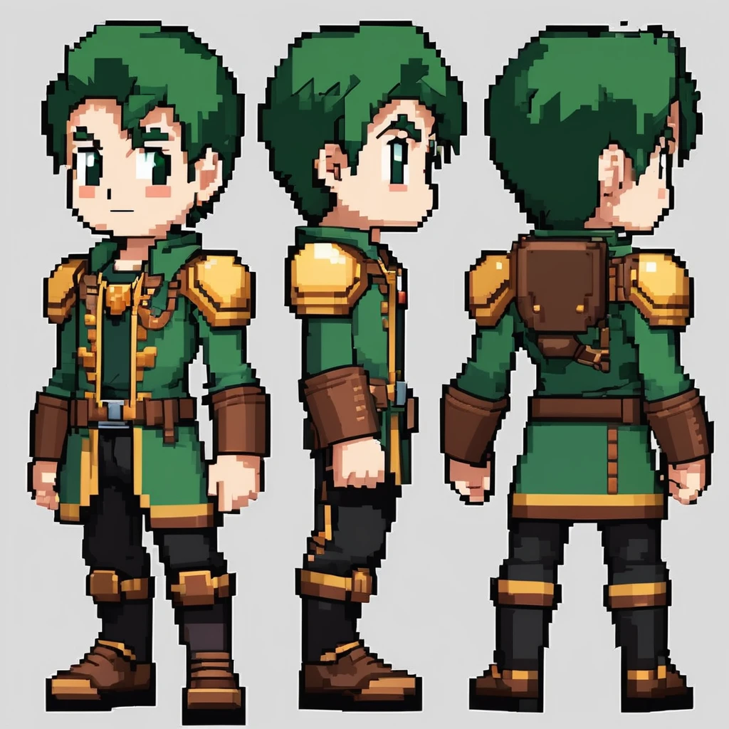Pixel art,pixel art,Create an original character design sheet,main character of the game,boy,juvenile,#39;s outfit,natural perm,musical instrument,bard,((3 views,whole body, background,multiple views,High resolution)),multiple views,multiple poses,Active,action pose,dynamic,nice,masterpiece,highest quality,In detail,Gracefully,RPG,Famicom,Multiple characters,multiple outfits,Final Fantasy,boldly,ASSASIN , BLACK COAT , HUNTER, BLACK HOODIE, ARMOR, DARK SHADOW