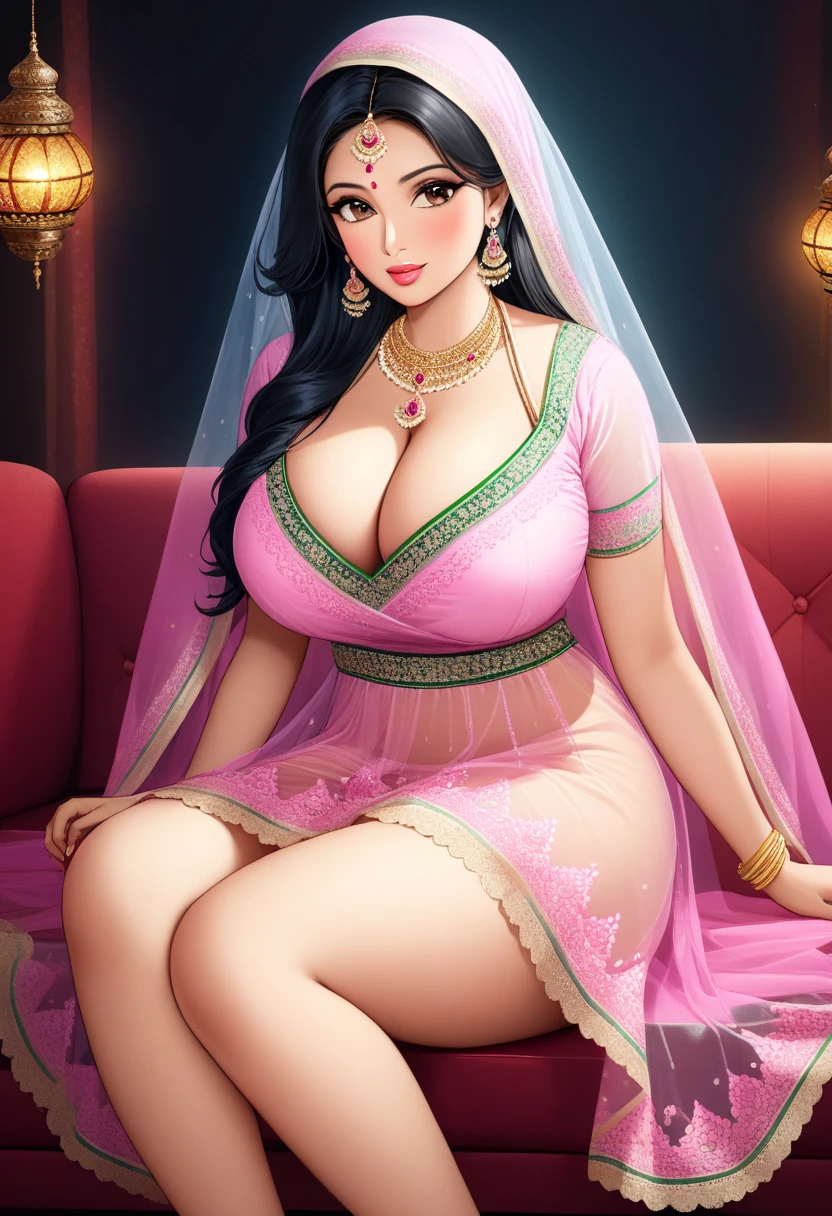 a Bangladeshi fat woman in a pink transparent Blouse and Petticoat sitting on a couch, Bangladeshi actress, Joya Ahsan, dressed in a transparent petticoat, traditional beauty, wearing bihu dress mekhela sador, wearing transparent blouse, wearing a transparent petticoat, veils and gold jewels, sari, very beautiful elegant style, festival of rich colors, traditional transparent dressing, very beautiful, traditional makeup, Bangladeshi style, Cleavage,huge breast, lips, long black hair, legs, Joya Ahsan face, Joya Ahsan body ((Joya Ahsan)), ((Totally naked))