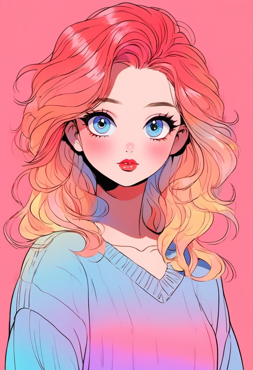 anime ,Realistic ,sketch , 1 Girl, Shining blue eyes,Glossy Lips, sweater,Collared shirt、order, Red gradient background, Neon Hair,textured crop, Canadian , (masterpiece,Highest quality,Rainbow Style)