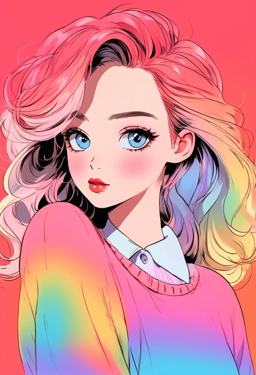 anime ,Realistic ,sketch , 1 Girl, Shining blue eyes,Glossy Lips, sweater,Collared shirt、order, Red gradient background, Neon Hair,textured crop, Canadian , (masterpiece,Highest quality,Rainbow Style)