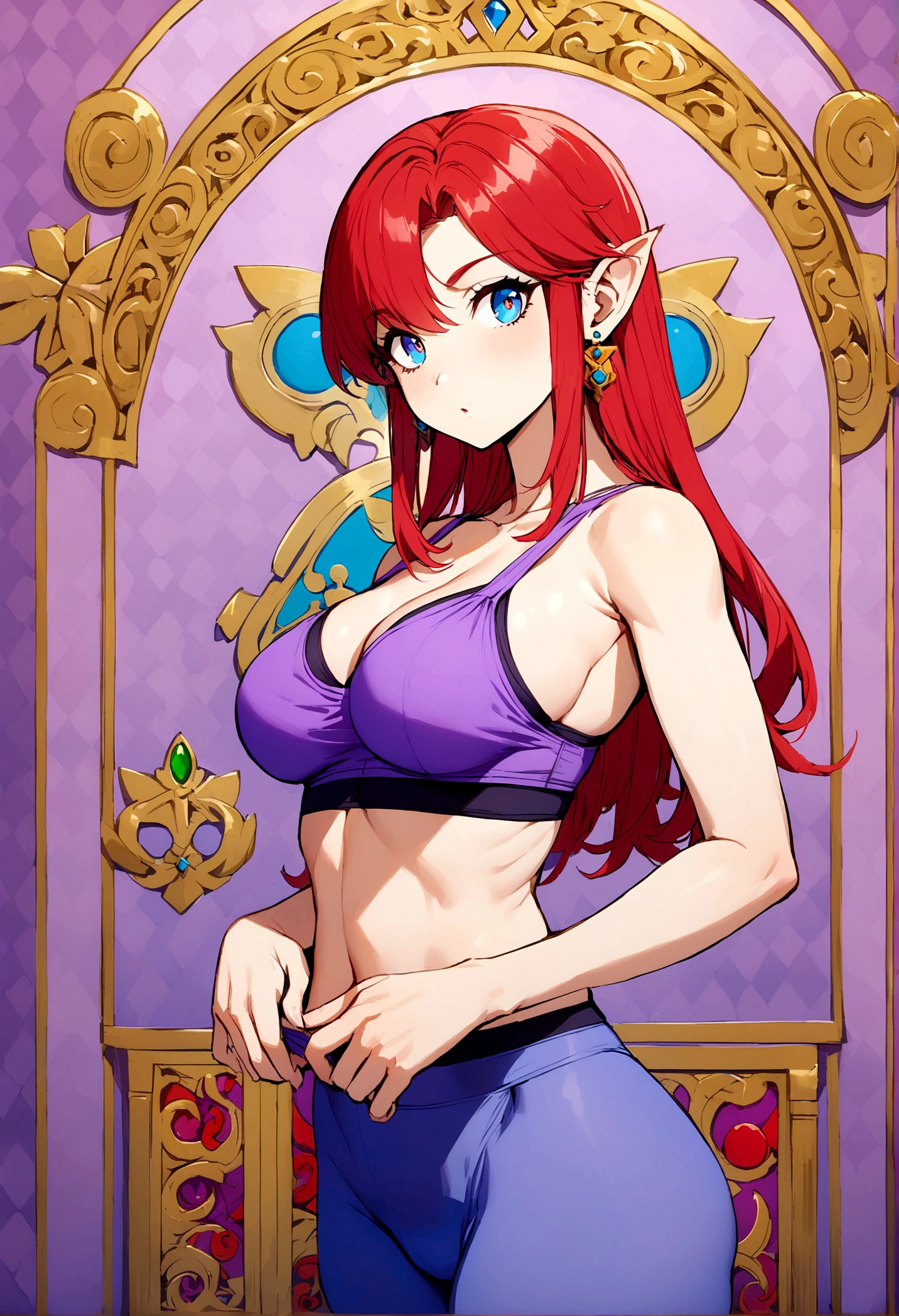Sexy,Zelda,red hair,blue eyes, purple sport bra,blue yoga pants,big