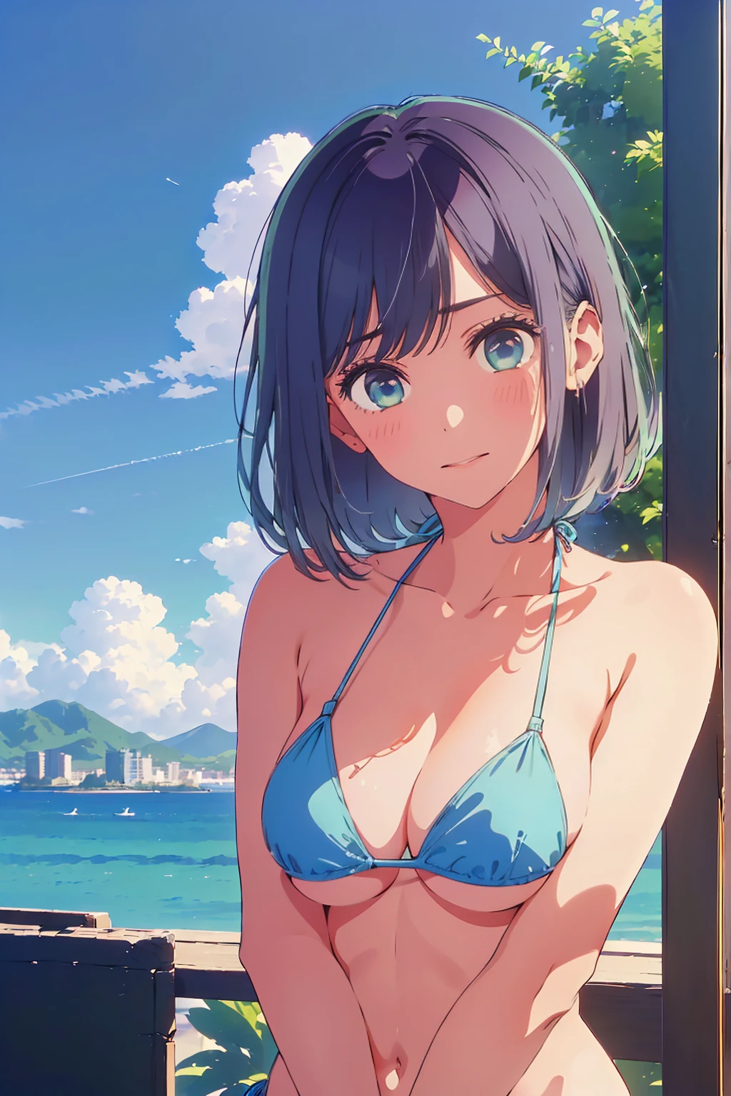 (Highest quality:1.4、masterpiece:1.4、Super detailed:1.4、Ultra-high resolution:1.4、8K:1.4)、Slim body、Big Breasts、((((1 person、Surprised expression、In the background are the urban buildings of Tokyo、looking at the camera、Seaside café terrace、Get up close and take a photo、Photographing the upper body、Very cute face))))、((((nude、very beautiful areola))))、(Pose with hands tucked behind ears:1.4)、(((bikini)))、valley、Very blue sky、A completely cloudless sky