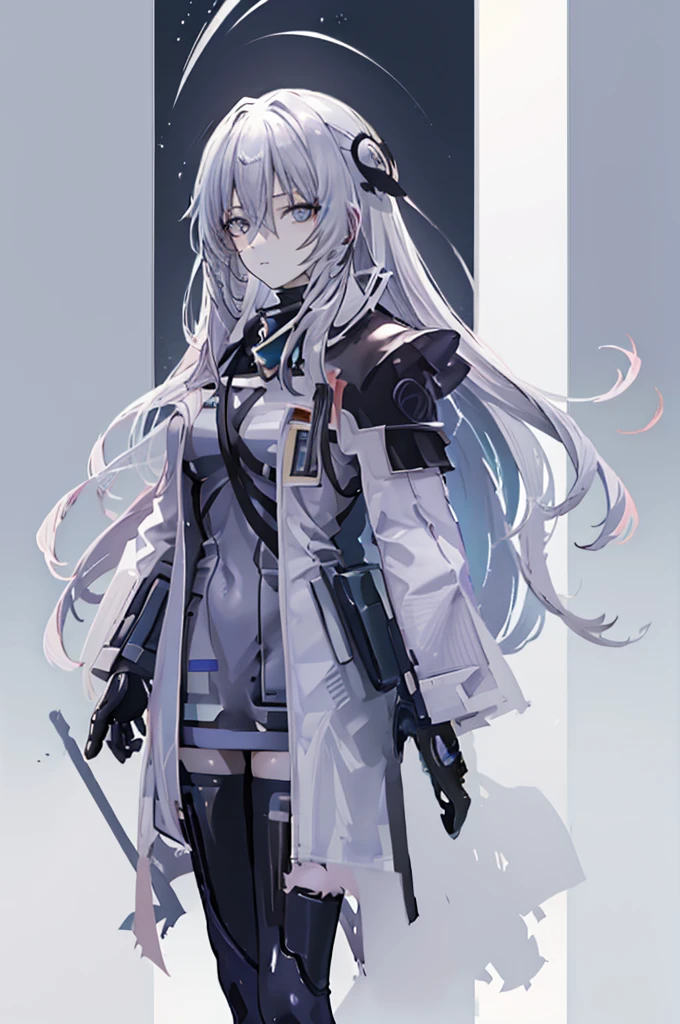 ((Pixiv)),(masterpiece_portrait),(Color Field),(Cyberpunk),(Full Metal Panic),(10s-anime-aesthetic), 1girl, light smile, curvy, large breasts, sharp face, spiked_hair, two-tone hair, white hair, gray hair, hair between eyes, very_long_hair, half closed eyes, sky blue eyes, Closed mouth, reaching out, cowboy shot, Standing, Clenched_hand, Black leotard, thighhighs, White Overcoat, capelet, high_heel_boots, miniskirt