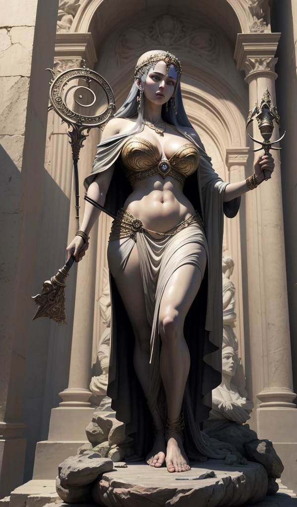 (anime style, high detail, colossal statue of Medea, powerful sorceress, holding a magical staff, detailed robes, ancient mystical setting)