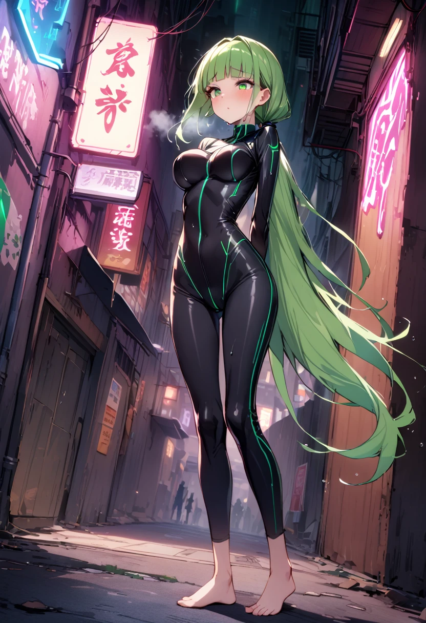 ((masterpiece,Highest quality:1.3)),cowboy shot,1woman,30 year old beauty,Investigator、独奏,(very small head:1.4),green hair,(low ponytail),long hair,blunt bangs,green eyes,gorgeous eyes,shy,tears,Heavy breathing、medium breasts,(very long body:1.4),(toned body,slender body,skinny),gleaming skin,shiny skin,(Black bodysuit、Green Line、Long sleeve),((High leg、barefoot))、incontinence、peeing、Wet crotch、standing,Dark back alley、Metropolis、cyber punk、World of Blade Runner、