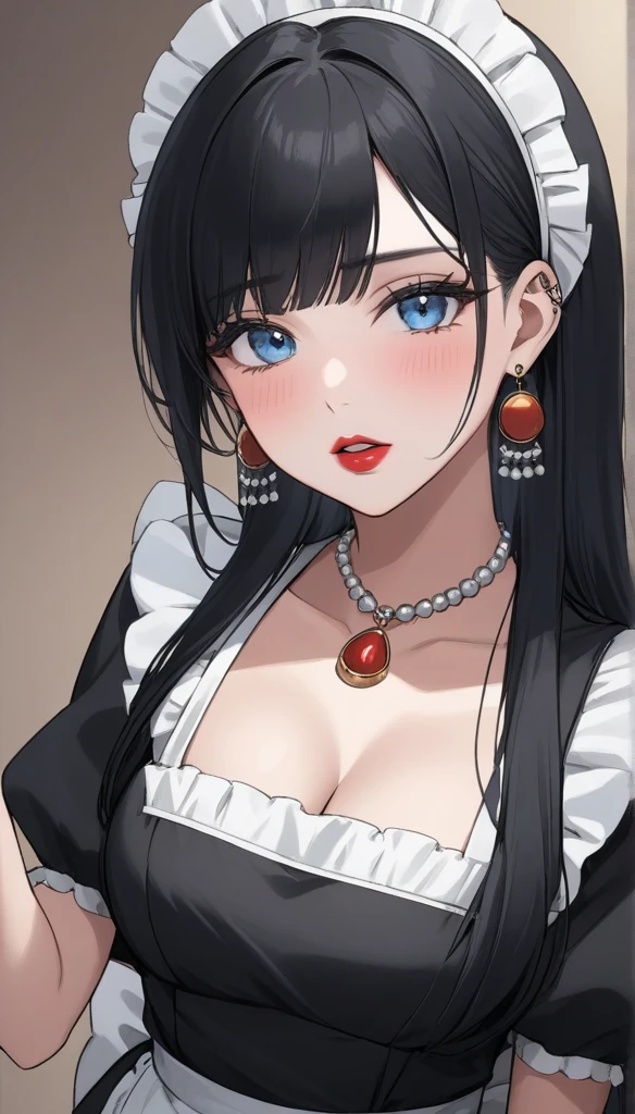 
Hot sexy beautiful women biting lower lip, detailed lips , detailed blue eyes, big  heavy long  circle jhumka earrings , alluring face, necklace , detailed red lipstick  ,black hair, blush , makeup ,blunt hair ,ear piercing, black tight stockings ,full body view, maid dress