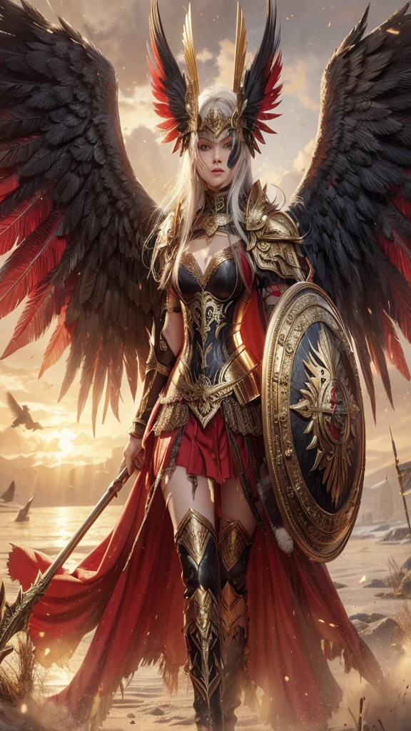 A warrior Valkyrie with white hair and dark wings with red feathers.
Full body with notable physical features and a dignified pose.
Wearing a gold and red valkyrie helmet covering her eyes and ornate gold armor with black trim and a red skirt.
Holding a shield with symbols of war and a majestic spear.
With clouds of dust, a sky tinged with gold, with sparks and crows in the background.