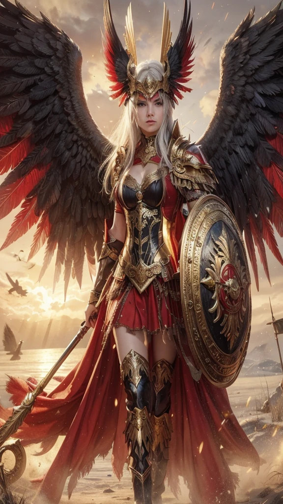 A warrior Valkyrie with white hair and dark wings with red feathers. 
Full body with notable physical features and a dignified pose.
Wearing a gold and red valkyrie helmet covering her eyes and ornate gold armor with black trim and a red skirt.
Holding a shield with symbols of war and a majestic spear.
With clouds of dust, a sky tinged with gold, with sparks and crows in the background.