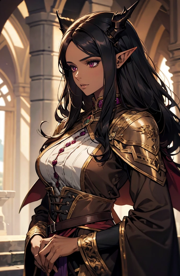 brown skin, older woman, sexy, tall, brown skin, one dragon wing, black hair, elf, elf ears, dragon horns, dark clothing, purple clothing