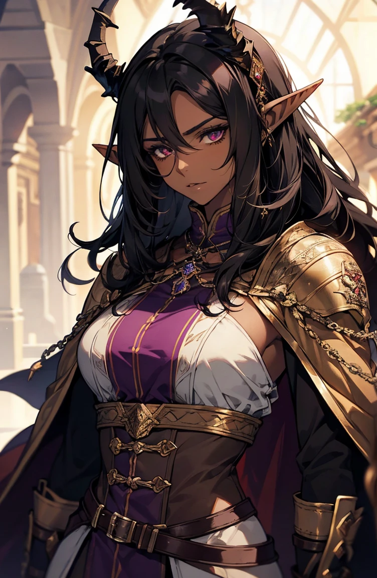 brown skin, older woman, sexy, tall, brown skin, one dragon wing, black hair, elf, elf ears, dragon horns, dark clothing, purple clothing