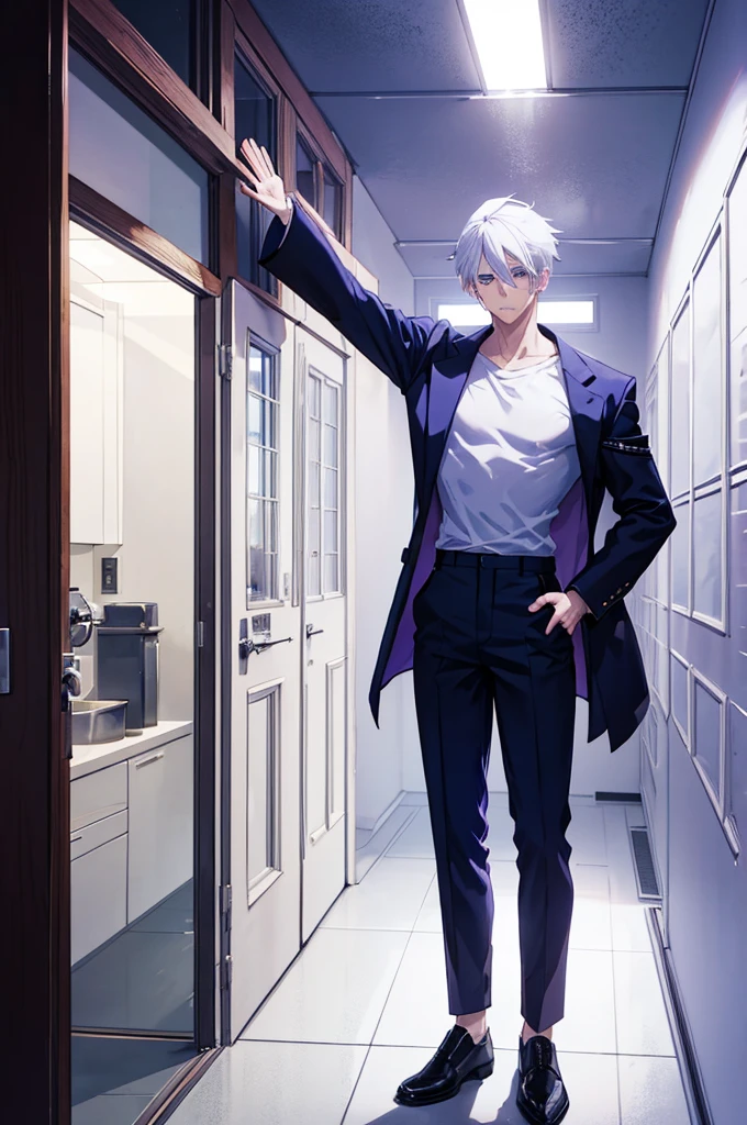 25 years old anime man with white hair, standing in front of a door, Waving goodbye,shirt off, purplish-blue Aura emerging from his body