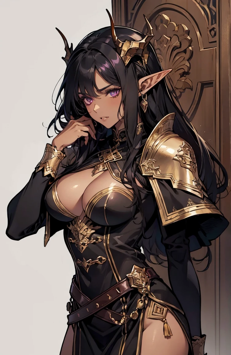 brown skin, older woman, sexy, tall, brown skin, one dragon wing, black hair, elf, elf ears, dragon horns, dark clothing, purple clothing