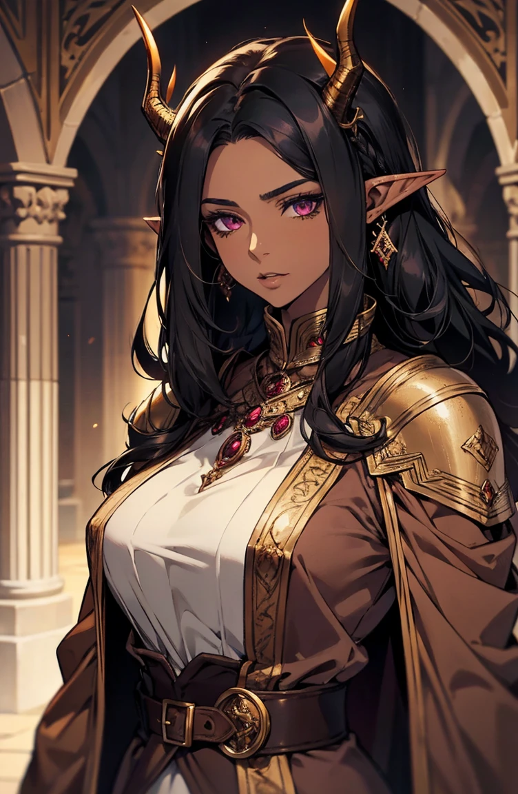 brown skin, older woman, y, tall, brown skin, one dragon wing, black hair, elf, elf ears, dragon horns, dark clothing, purple clothing