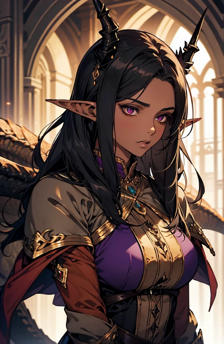 brown skin, older woman, sexy, tall, brown skin, one dragon wing, black hair, elf, elf ears, dragon horns, dark clothing, purple clothing