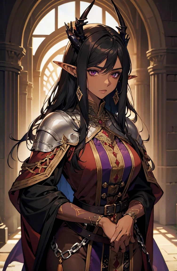 brown skin, older woman, sexy, tall, brown skin, one dragon wing, black hair, elf, elf ears, dragon horns, dark clothing, purple clothing