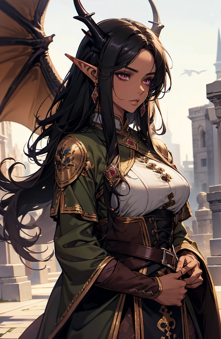 brown skin, older woman, sexy, tall, brown skin, one dragon wing, black hair, elf, elf ears, dragon horns, dark clothing, purple clothing
