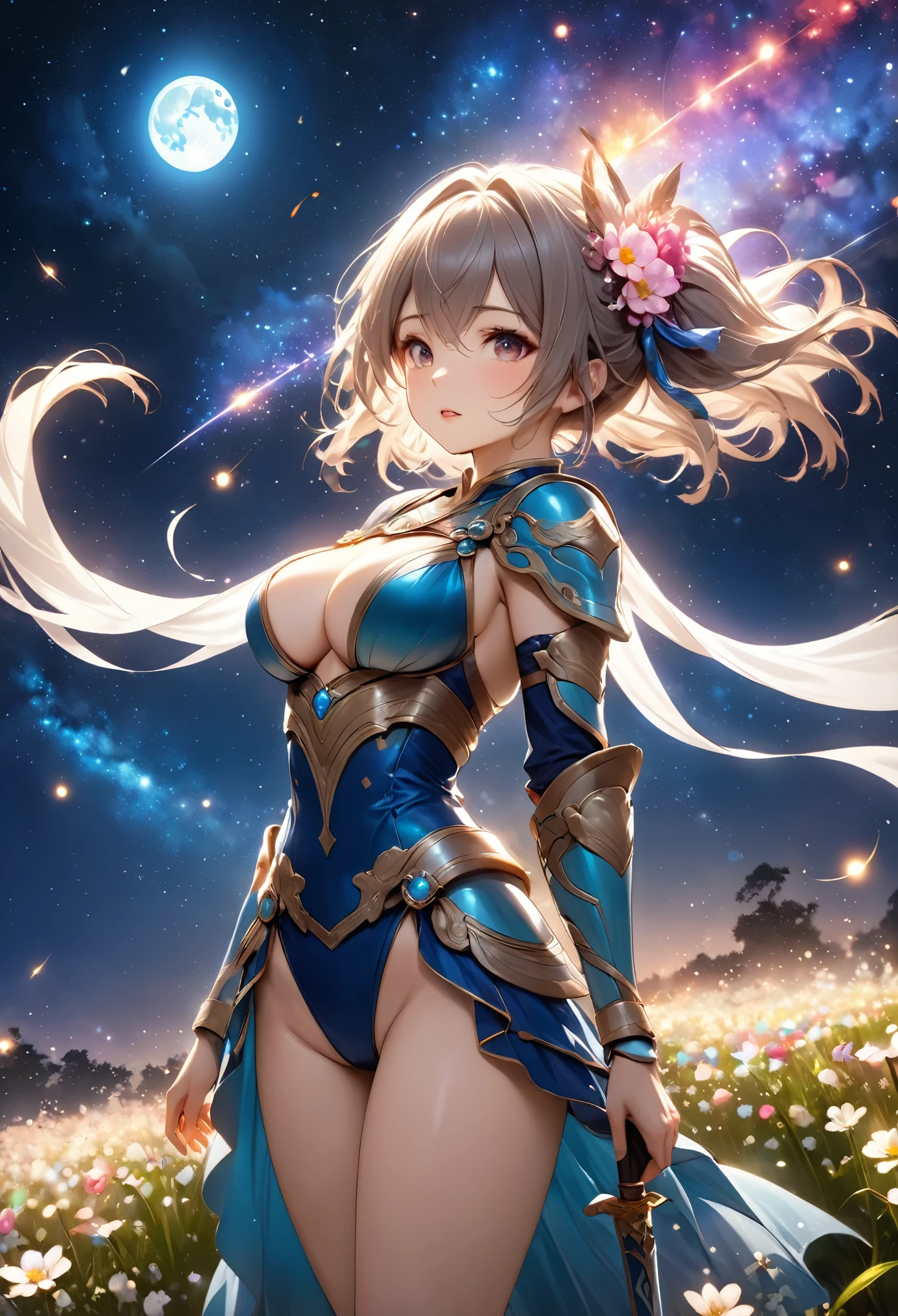 Highest quality, Super quality, 16K, Incredibly absurd, Very detailed, 2.5D, delicate and dynamic, Small faint lights and flying fireflies, night, Starry Sky, milky way, nebula, shooting star, Flowers, birds, wind and moon,erotic, sole sexy lady, healthy shaped body, 22 years old lady, Asura, 170cm tall, huge firm bouncing busts, A colorful holy sword, Complicated armor, Brightly colored armor,