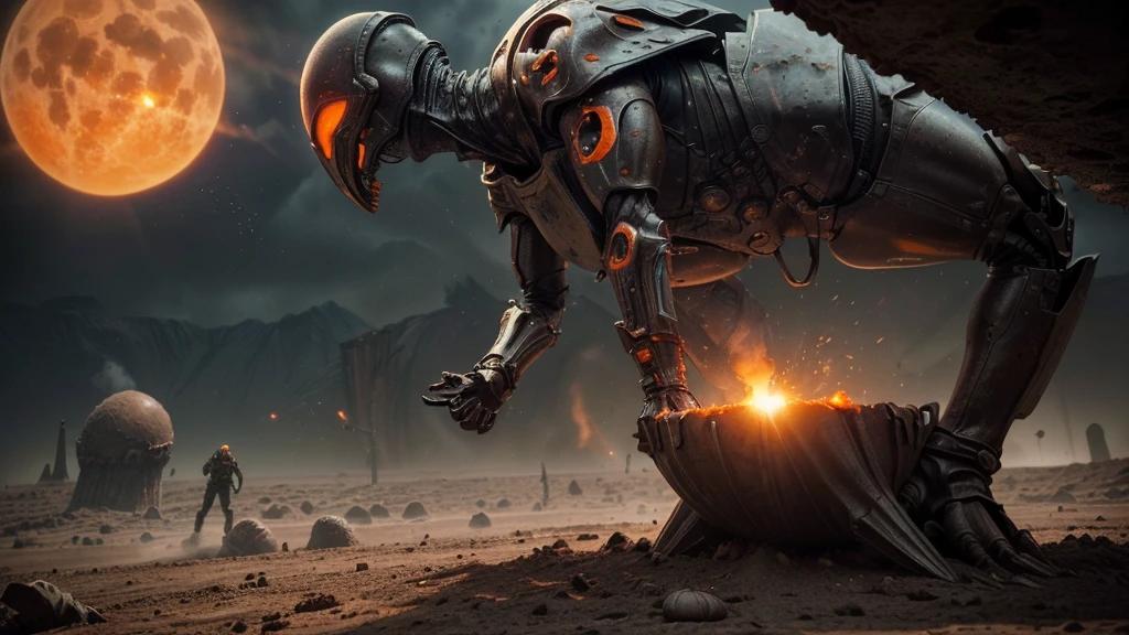 (((EATING A MOLE OF COMBAT))), ((CARVED STEEL, IMPOSSIBLE), (FORCED PERSPECTIVE VIEW FROM BELOW OF STRAIGHT-LINE BIOMECHANICS OF ALIEN WAR biomechanics of disgusting alien biology) biomechanical alien, unknown, extraterrestrial biology on unknown planet, HEAVY atmosphere with dust particles suspended in the air red - orange WITH SULFUR, DRAMATIC AFTERNOON 
