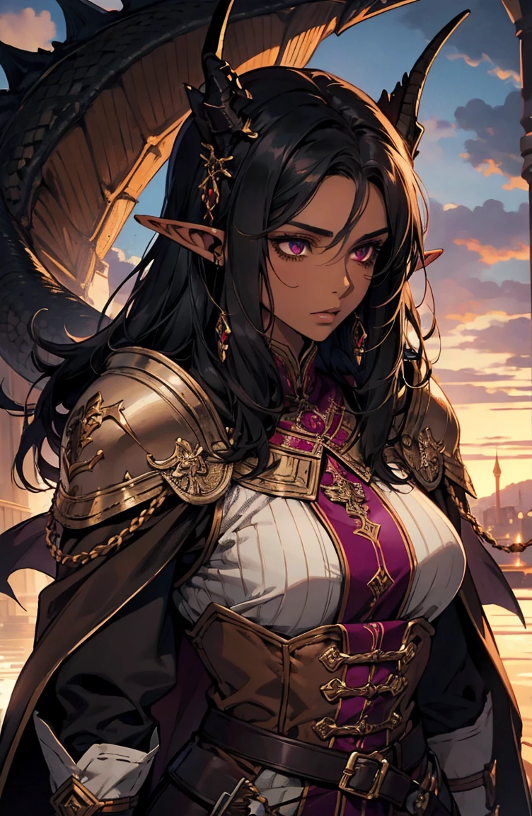 brown skin, older woman, sexy, tall, brown skin, one dragon wing, black hair, elf, elf ears, dragon horns, dark clothing, purple clothing