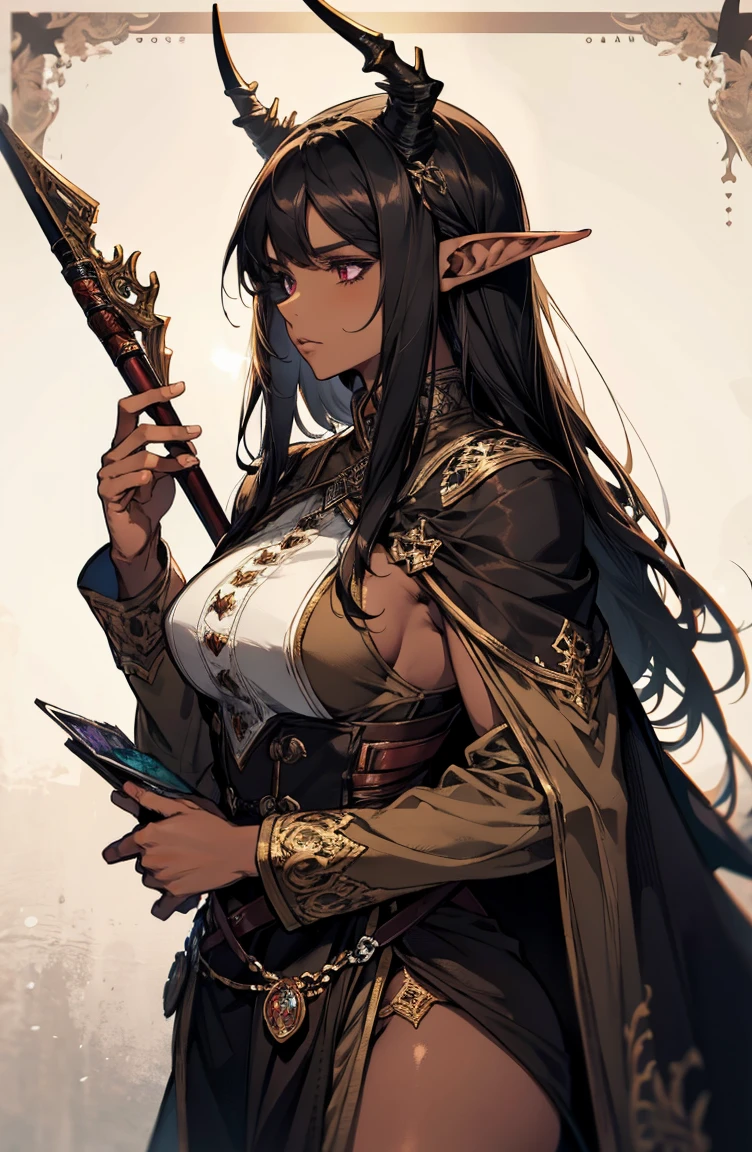 brown skin, older woman, sexy, tall, brown skin, one dragon wing, black hair, elf, elf ears, dragon horns, dark clothing, purple clothing