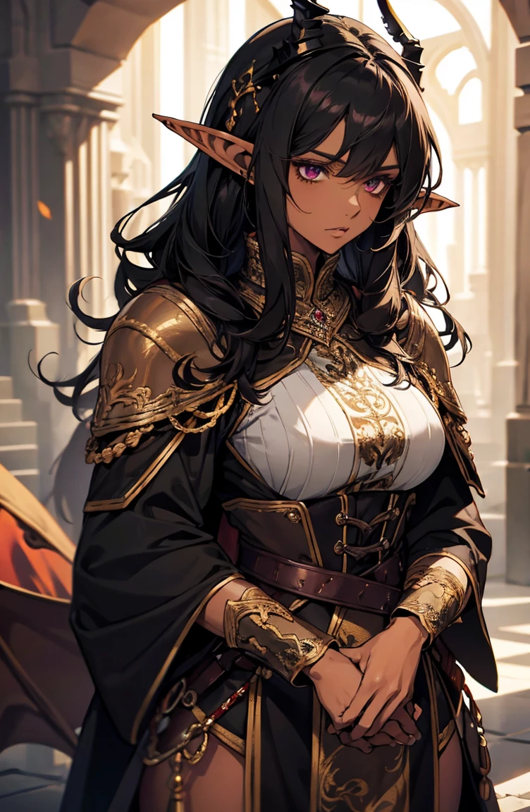 brown skin, older woman, sexy, tall, brown skin, one dragon wing, black hair, elf, elf ears, dragon horns, dark clothing, purple clothing