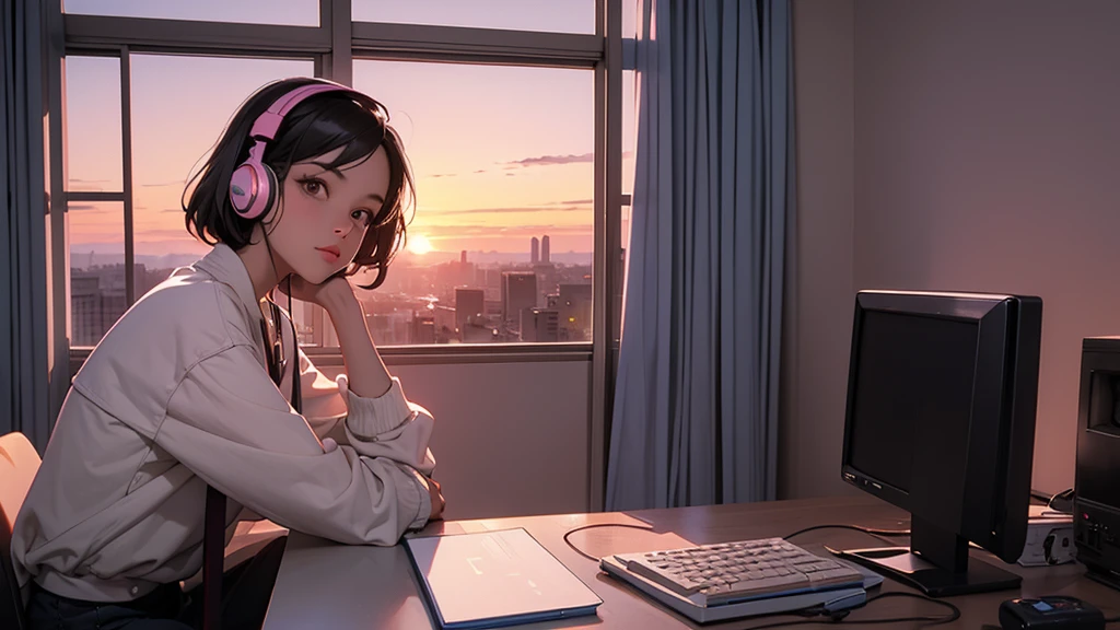 girl Headphones LOFI Retro Stylish 1980s Inside the room coffee Looking at the computer in landscape orientation The sunset outside the window