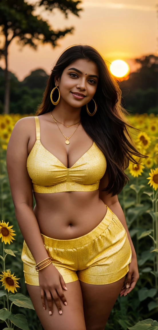 A indian curvy woman is standing in a field of yellow flowers at sunset, wearing a light sunflower bikini outfit consisting of a crop bra and shorts. She has long, flowing dark hair, gold earrings, a necklace, and gold bangles. The sky is a gradient of warm hues, and trees are visible in the background. Lusty smile