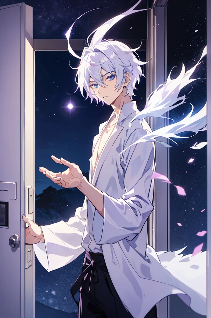 25 years old anime man with white hair, standing in front of a door, Waving goodbye,shirt off, purplish-blue Aura emerging from his body