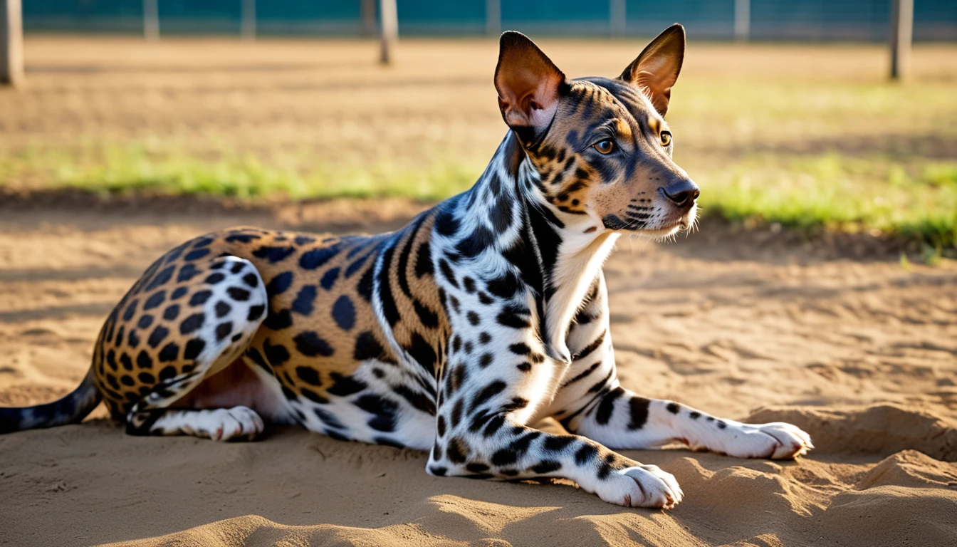 There is no one, realistic photo, photo realism, realism, Catalbois Leopard Dog(Catahoula Leopard Dog), perfect composition, intricate details, Very sharp, masterpiece, profile, high resolution, looking at the viewer, Full body photo in the dog park