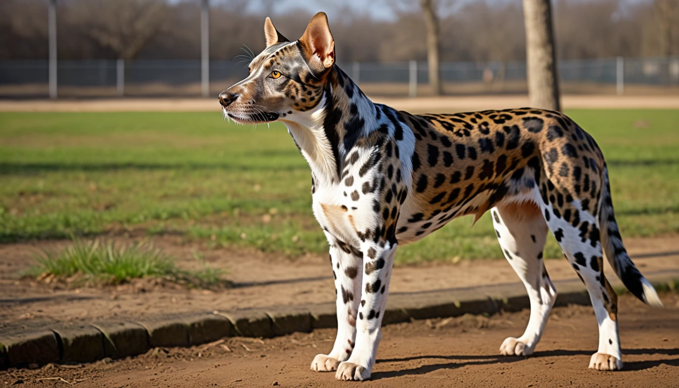 There is no one, realistic photo, photo realism, realism, Catalbois Leopard Dog(Catahoula Leopard Dog), perfect composition, intricate details, Very sharp, masterpiece, profile, high resolution, looking at the viewer, Full body photo in the dog park