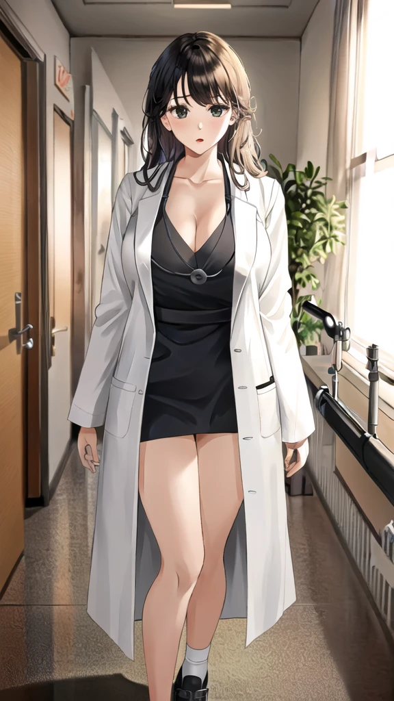 ((masterpiece, best quality, high quality)),1girl, (lower body, hospital), (doctor_uniform, labcoat, stethoscope, doctor),Large Breasts,cleavage,lipstick