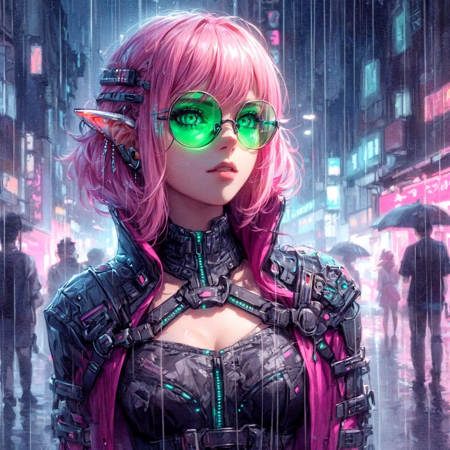 Anime girl with pink hair and green glasses in the rain, Cyberpunk art style, Dreamy Cyberpunk Girl, Cyberpunk Anime Art, Digital cyberpunk - anime art, digital Cyberpunk Anime Art, cyberpunk themed art, Cyberpunk Anime Art, cyberpunk anime girl, cyberpunk vibes, cyberpunk vibe, in cyberpunk style, female cyberpunk anime girl, beautiful cyberpunk girl, cyberpunk anime, cyberpunk girl, bright cyberpunk glow