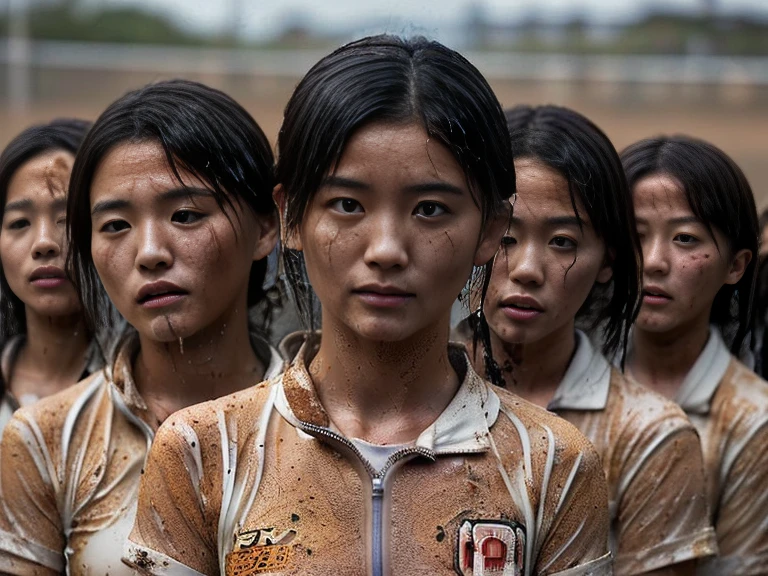(A plain white short sleeved dirt stained field hockey uniform with a very tight white half zip:1.7)、(A large, dirt-stained, white, square collar: 1.6)、(Red clay ground:1.5)、My hair is wet and messy、(Beautiful Japanese woman covered in dirt:2.5)、Highest quality, masterpiece, Ultra-high resolution, Photorealistic, Raw Photos,Detailed face,(Muscular woman:1.4), (Fastener open: 1.8), (Upper body zoom up:1.0),(Everyone wears the same clothes:1.0), All members are super beauties, (Beautiful Japanese women lined up in orderly fashion: 1.7), (Hair tied up: 1.4), (Depressed expression:2.1), Bright photo, (My whole body is drenched in rain: 1.7), (Covered in mud and earth: 1.5)