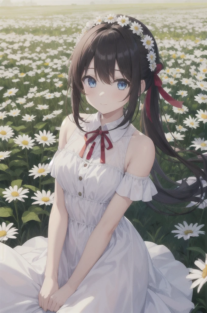 1girl,in a field of flowers, white flower, looking at viewer, blue eyes, dark hair, pony tail hair style, daisy, long hair, red ribbon hair accessories, pure white dress