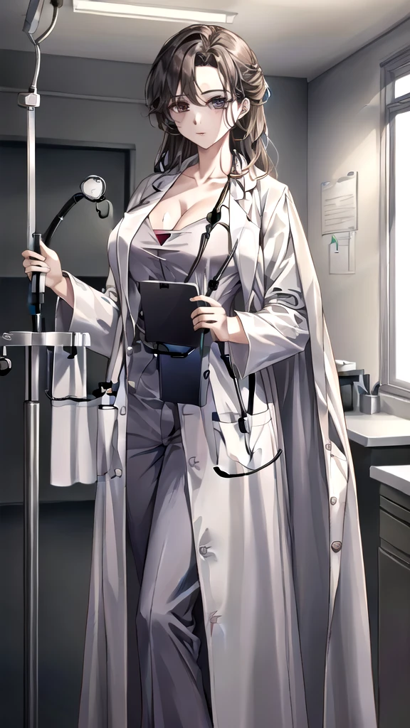 ((masterpiece, best quality, high quality)),1girl, (lower body, hospital), (doctor_uniform, labcoat, stethoscope, doctor),Large Breasts，cleavage，lipstick