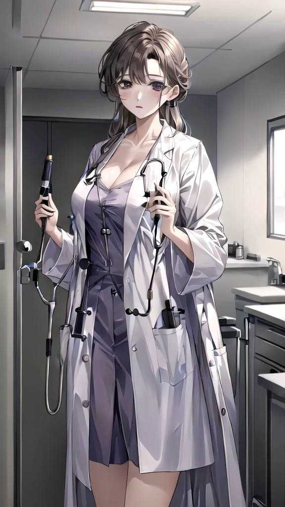 ((masterpiece, best quality, high quality)),1girl, (lower body, hospital), (doctor_uniform, labcoat, stethoscope, doctor),Large Breasts，cleavage，lipstick