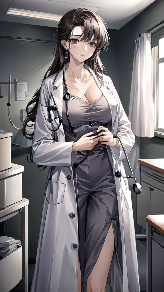 ((masterpiece, best quality, high quality)),1girl, (lower body, hospital), (doctor_uniform, labcoat, stethoscope, doctor),Large Breasts，cleavage，lipstick